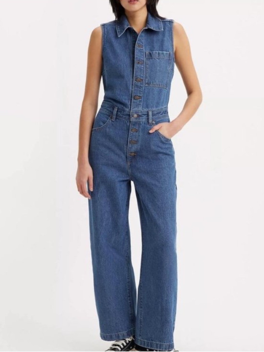 NEW Levi’s Blue Denim Jumpsuit Small Sleeveless Cotton Pockets Relaxed Casual - Picture 1 of 16